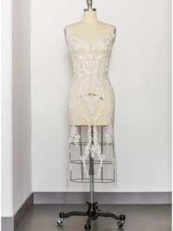 Beautiful embroidered lace patch, Hand embroidered dress panel, Wedding dress lace, Beaded dress appliques, bridal lace panel – (E18-002)